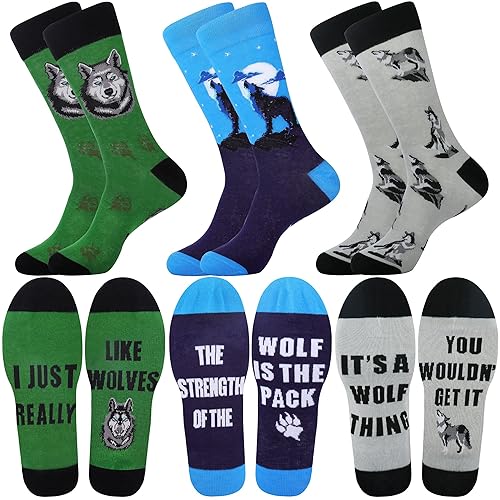 Jeasona Mens Funny Fun Crazy Funky Dress Crew Socks Gifts for Men Dad Grandpa - Multicolored Wolf Gifts 3 Pairs