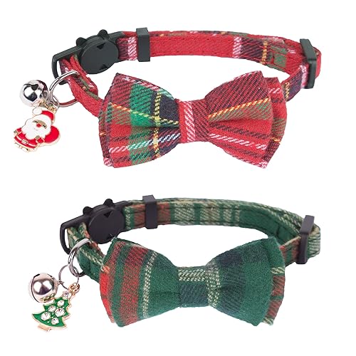 ADOGGYGO Christmas Cat Collars Breakaway with Removable Bow Tie, 2 Pack Red Green Plaid Cat Christmas Bow Collar with Bell for Cats Kittens (Christmas-1) - 7.5"- 10.5" - Christmas-1