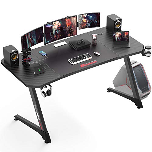 VITESSE Gaming Desk 63 Inch, Ergonomic Gamer Computer Desk with Mouse Pad, PC Gaming Tables with Gaming Handle Rack, Cup Holder Headphone Hook - 63 inch - Carbon Fiber Black