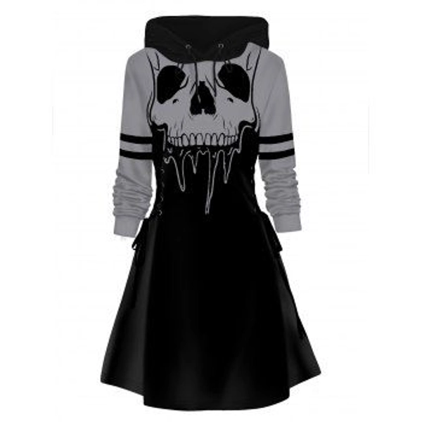 Skull Print Hoodie Dress Lace Up Colorblock Mini Dress