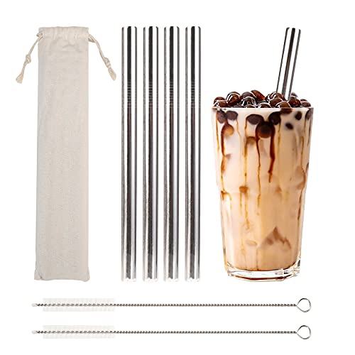 Bubble Tea Straws, Reusable, Pack of 4 Stainless Steel Straws, 12 mm Large Metal Straws with 2 Brushes and 1 Carry Bag, Dishwasher Safe