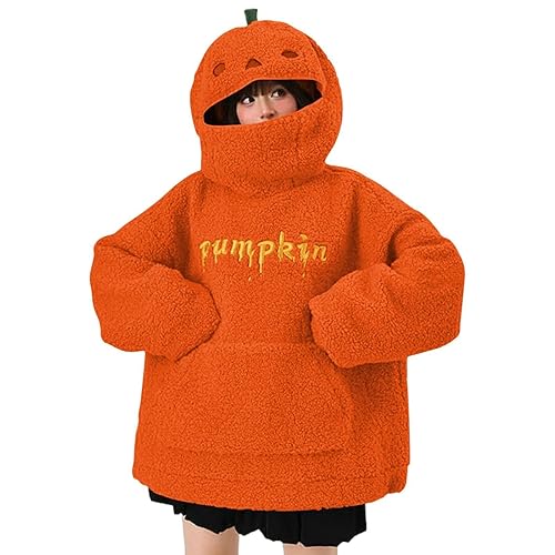 Pumpkin Hoodie Oversized Fleece Sweatshirt with Pocket - XXL - B Orange