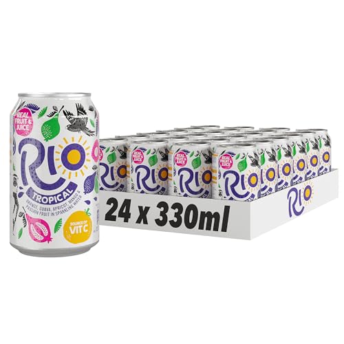 Rio Tropical Original Fizzy Drinks Cans 24 Cans Soft Drink Pack with Real Orange, Apricot, Mango, Passion Fruit and Guava Juice Flavours Lightly Sparkling Cans of Pop with Vitamin C 24x330ml - Tropical - 330 ml (Pack of 24)