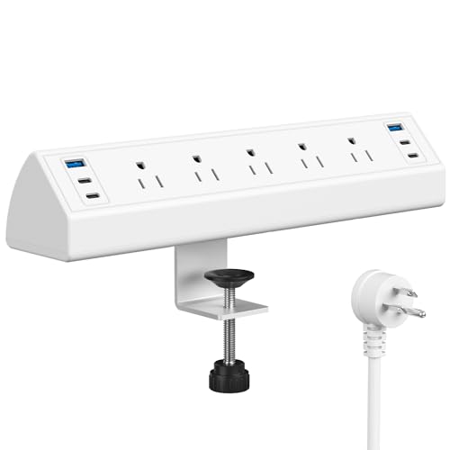 Desk Clamp Power Strip USB C,40W Total Fast Charging Station,4 PD 20W USB C Ports,Nightstand Edge Mount Power Strip with 6 USB Ports 5 AC Outlets Surge Protector,6ft Cord,Fit 1.6" Tabletop Edge - 5 Outlets & 6 USB Ports - White