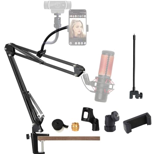 Etubby Microphone Boom Arm, [2-in-1] Desk Mic Scissor Arm Stand for Blue Yeti Snowball HyperX QuadCast Etc, Extra Gooseneck Webcam Phone Holder for All Cellphones Logitech Webcam C920 C930 C922 Etc.
