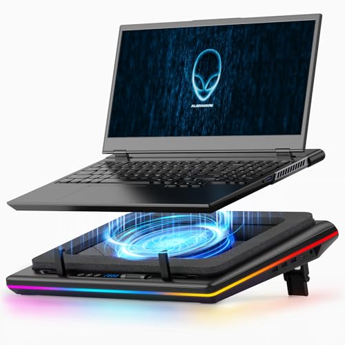 llano RGB Laptop Cooling Pad with Powerful Turbofan, Gaming Laptop Cooler Radiator with Infinitely Variable Speed, Touch Control, LCD Screen, 3-Port USB Hub, Seal Foam for Rapid Cooling Laptop 15-19in - V12(Hub+RGB)