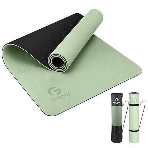 Gruper Yoga Mat Non Slip, Eco Friendly Fitness Exercise Mat with Carrying Strap,Pro Yoga Mats for Women,Workout Mats for Home, Pilates and Floor Exercises - Matcha Green / Black