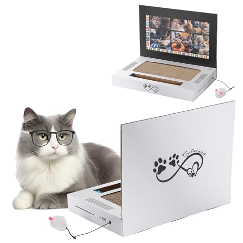 Cardboard Cat Scratcher, Laptop Scratcher Cat Toy, 3-in-1 Laptop Scratcher Cat Toy with Interactive Plush Mouse Cat Teaser and Ball Track Pad Toy, Foldable Corrugated Computer Cat Scratching Board