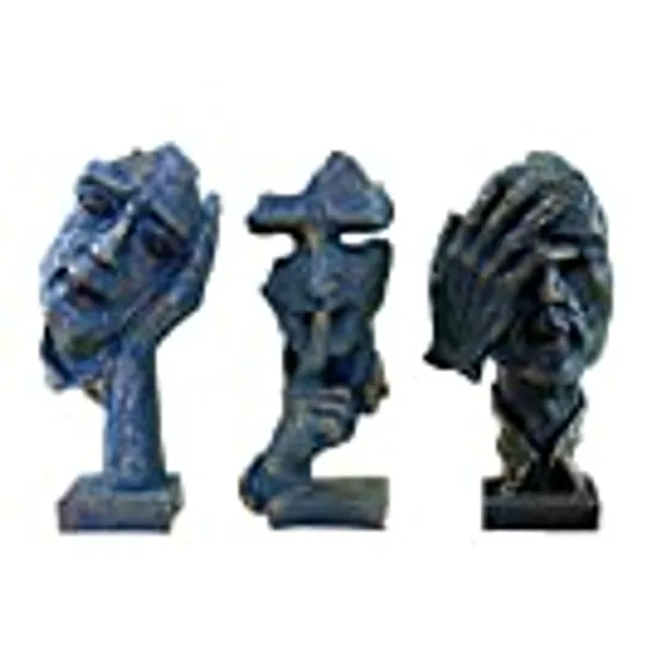 eSplanade Human Faces - Zen Sculpture Showpiece - Set of 3 | See No Evil, Hear No Evil, Speak No Evil | Face Expressions Statement Pieces | Home Decor | Resin - Brown-Multi - 6.5" Inches (Blue)