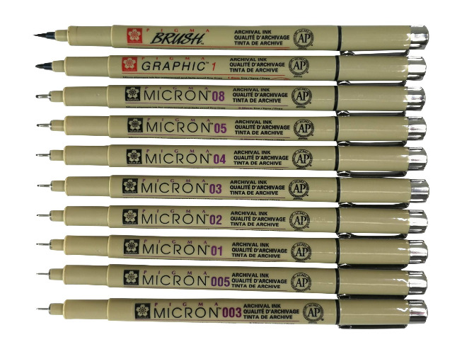 Sakura Pigma Micron 10 Fineliner pens Black Archival Ink Artist Drawing Sketch pens (003, 005, 01, 02, 03, 04, 05, 08), Graphic 1 & Brush Pen Set - Asst, 10 pct set - Black