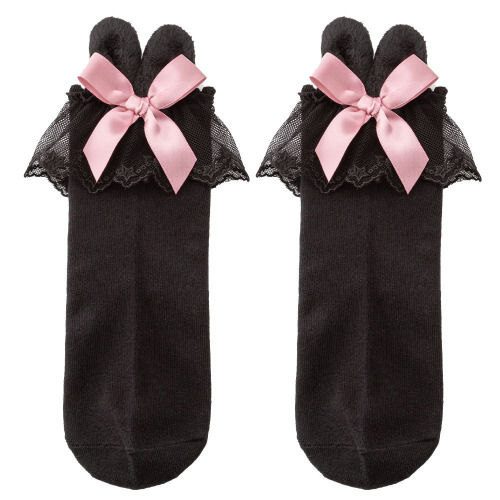 【送料無料】【メール便】うさ耳フリルレースソックス | 黒×ピンクリボン / 23-25cm