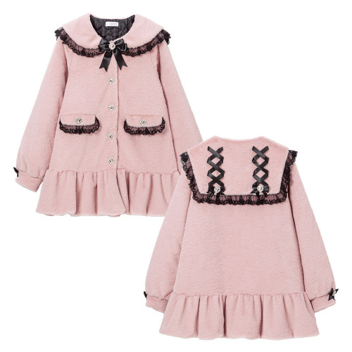 バックレースアップビジューセーラーファーコート | ピンク×ブラック / 3L