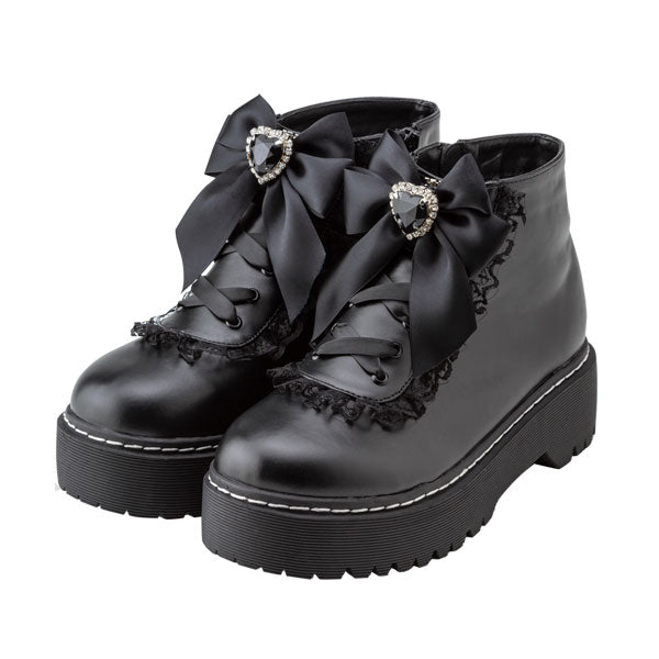 ローヒールハートビジューレースアップショートブーツ | オールブラック / 24.0cm