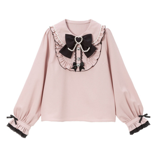 丸襟パールリボンフリルブラウス | ピンク×ブラック / 3L