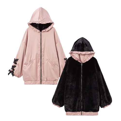 リバーシブルリボンロングブルゾン | ピンク×ブラックファー / LL-3L