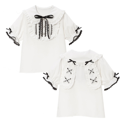 ヨークフリルはしごレースうさみみブラウス | ホワイト×ブラック / 3L