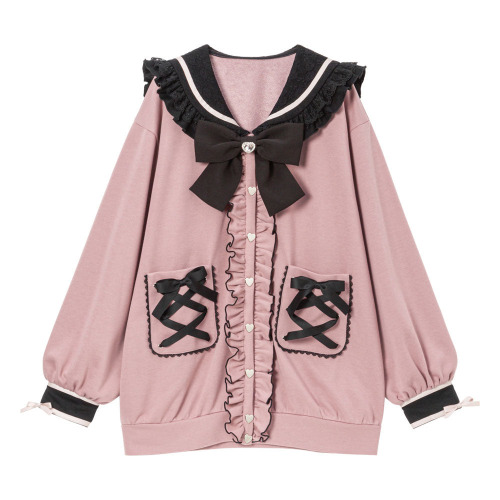 ハートレースリボンセーラー裏毛チュニックブルゾン | ピンク×ブラック / LL-3L