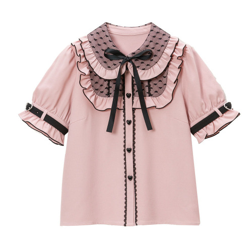 ハートドットチュール重ねバックルブラウス | ピンク / 3L