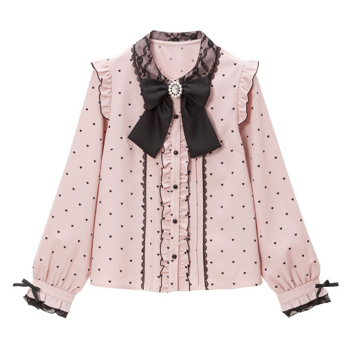 レース重ねハートドットフリルブラウス | ピンク / 3L