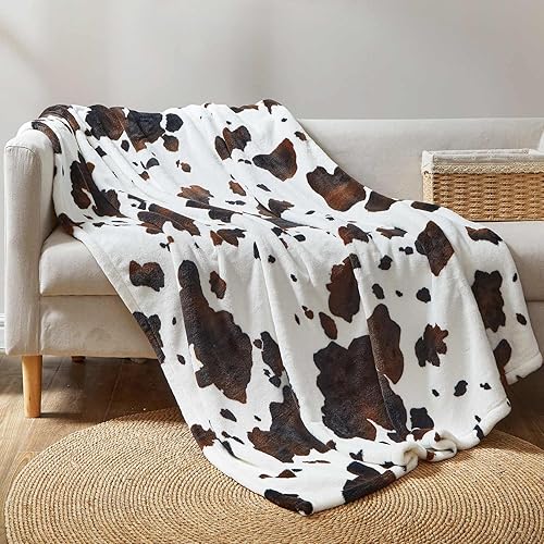 Cozy Bliss Cow Print Throw Blanket Non Shedding MilkyPlush™ Fleece 330GSM Thick Blankets Western Room Decor Super Soft Warm for Adults Kids Girl Gifts Bedroom Couch Sofa Travel Black Brown 60"x80" - Black Brown - Twin (60" x 80")