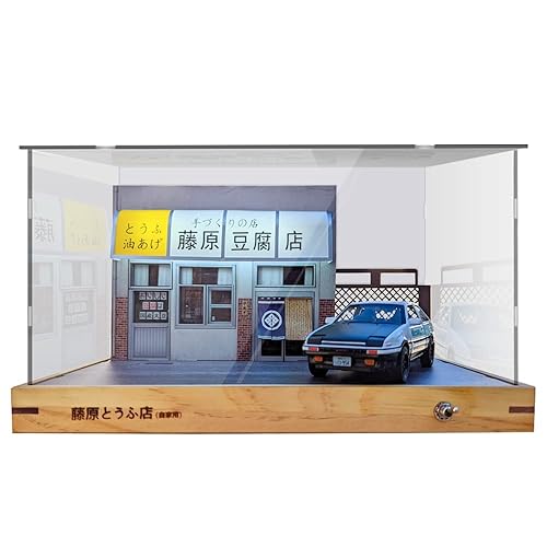 1/32 Scale LED Fujiwara Toufu Store Scene Model Car Acrylic Display Case with AE86 Diecast Car Model JDM Car Model Display Box…