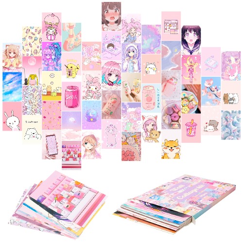 50PCS Cute Comics Wall Art Collage Kit, Aesthetic Picture Indie Room Decor, AArt Posters for Dorm Wall Decor, Wall Art Print for VSCO Girls Boys, Aesthetic Photo Bedroom Decor for Anime Lovers
