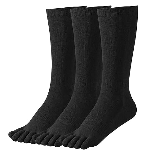 HABITER Women's Toe Socks Cotton Crew Athletic Running Five Finger Socks - 5-10 - Black/3 Pairs