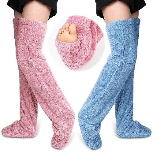 Vicenpal 2 Pairs Over Knee Fuzzy Socks Thigh High Fuzzy Socks Dreams Winter Leg Warmers for Women Sleeping - Blue, Pink