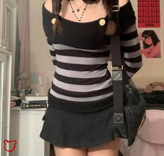 Grunge Striped Long Sleeve Top - gray / M