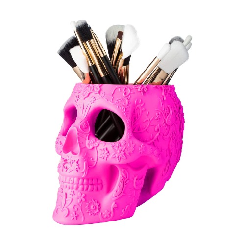 Skull Makeup Brush, Candy Bowl & Pen Holder, Skeleton Bowl, Spooky Goth Decorations, Extra Large, Strong Resin, Skeleton Skulls and Bones Organizer Bathroom Decor Gift (Pink)