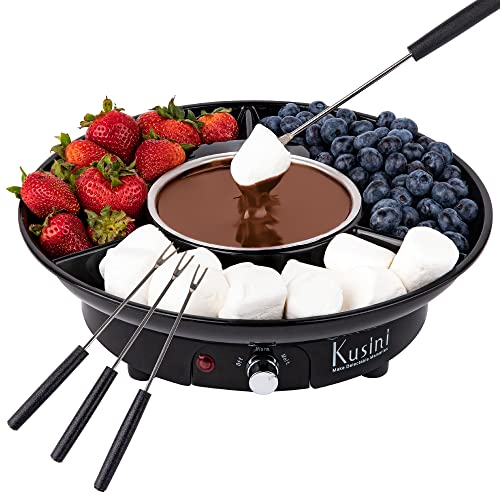 Kusini Electric Fondue Pot Set - Chocolate Fondue Kit - Temperature Control, Detachable Serving Trays, & 4 Roasting Forks - Gift Set & Date Night Idea. Serve at Movie Night or Game Night. - Black