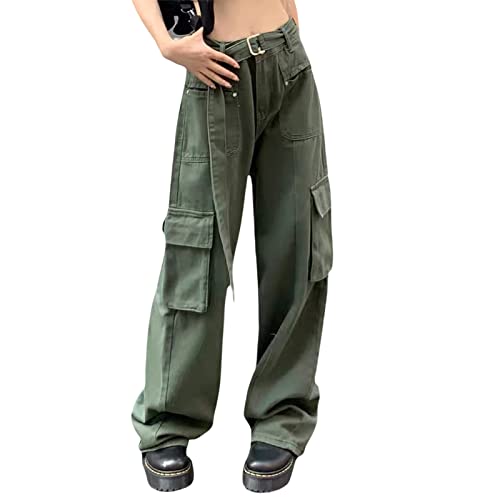 Women's Wide Leg Vintage Y2K Cargo Jeans Low Rise Straight Grunge Boyfriend 00s Hippop Streetwear Baggy Denim Pants - Medium - T-green