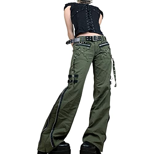 Women Low Waist Y2K Jeans Wide Leg Baggy Cargo Pants Casual Loose Boyfriends Trousers Vintage Streetwear - Gothic Green - Medium