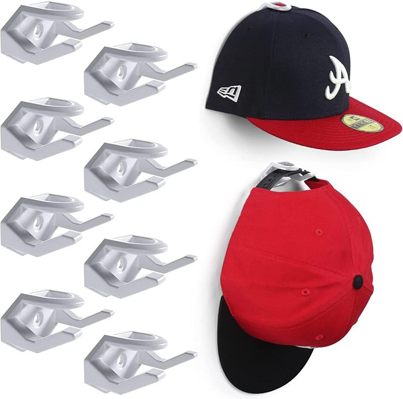 Adhesive Hat Holder Cap Hook,8pcs Minimalist Hat Display Rack,Hat Hooks for Baseball Caps, Adhesive Hat Racks for Wall No Drilling Hat Hangers Strong Hat Holder,Adhesive Hat Hooks for Wall Mount,White - White