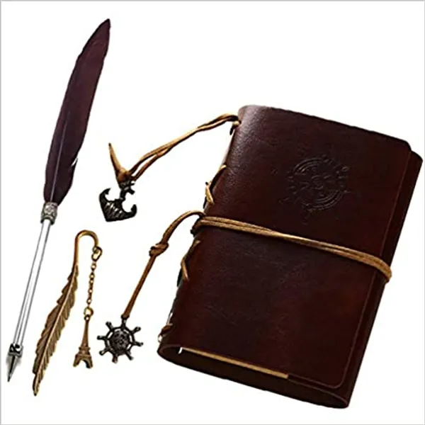 Refillable PU Leather Journal Notebook with Special Feather Ballpoint Pen and Bookmark, Unlined Paper Travel Diary Jotter, Handmade Leather Notepad, Vintage Art Sketchbook, Punk Cover (dark brown)