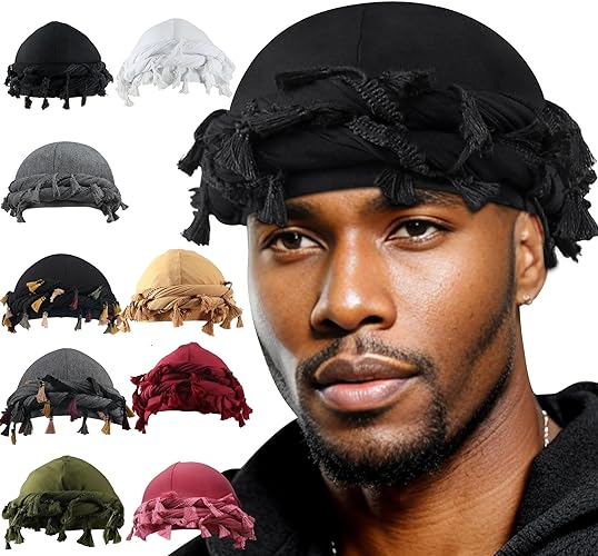 Babalet Halo Turban for Men Women Satin Lined Durag Head Wraps Skull Cap Pre-Tied Tassels Braid Beanie Vintage Twist Bonnet - One Size - A- Black