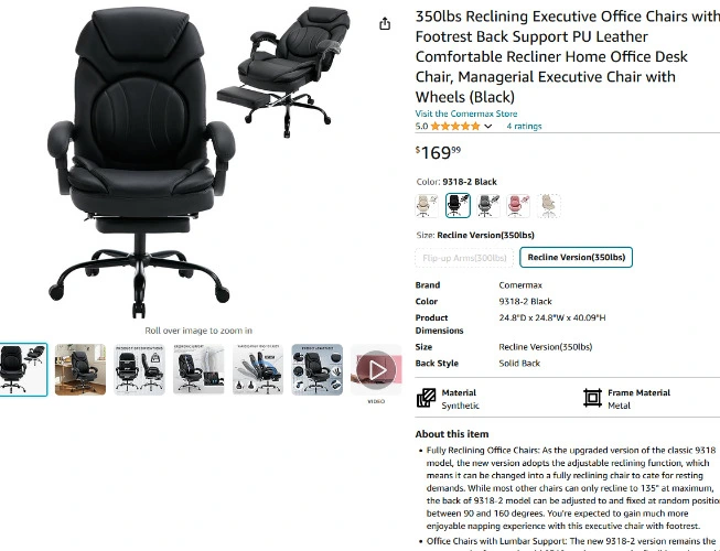 350lbs Reclining Executive Office Chairs with Footrest Back Support PU Leather Comfortable Recliner Home Office Desk Chair (Black)