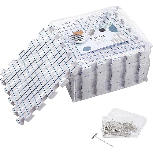KnitIQ Blocking Mats for Knitting - Extra Thick Blocking Boards for Crochet Projects with Gridlines - 100 T-Pins and Storage Bag Included for Knitting Supplies - Standard Mat Set - Pack of 9 - Standard Mat Set (9 Pack)