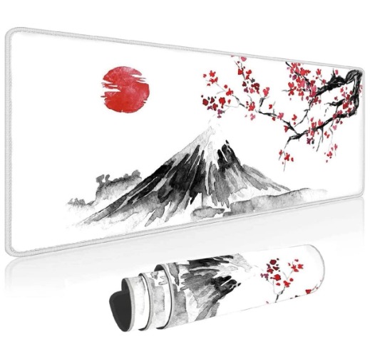 Gaming Mauspad Weiß XXL 800 x 300 mm Japan Tuschemalerei Berg Sakura Sonne Berg Fuji Mousepad Groß Vernähte Kanten Wasserdicht Anti-Rutsch für PC, MacBook,Laptop