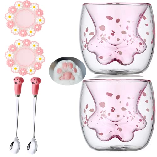 Arawat Doppelwandige Gläser Süß Katzenpfote Tasse 2 Set Weihnachtstasse Kaffeegläser Teegläser Cute Katze Kaffeetasse Kaffee Geburtstag Geschenk für Frauen Freundin