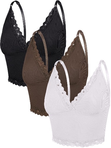 3 Stück Damen RIPP Strick Cami Top Spitze Camisole (Schwarz, Weiß, Kaffee, S) (Schwarz, Weiß, Kaffee, S)