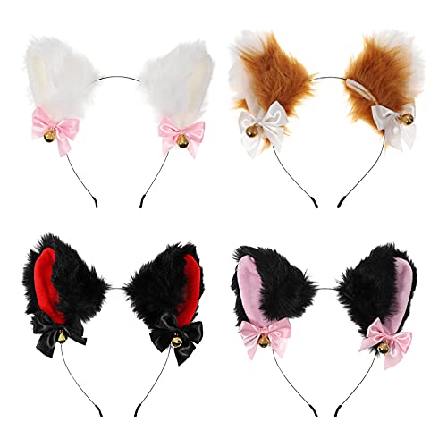 Lurrose Cat Ear Headband with Bells Plush Cat Ears Headwear Cosplay Cat Ears Fox Headband for Halloween Costume Fancy Dress Party, 4Pcs