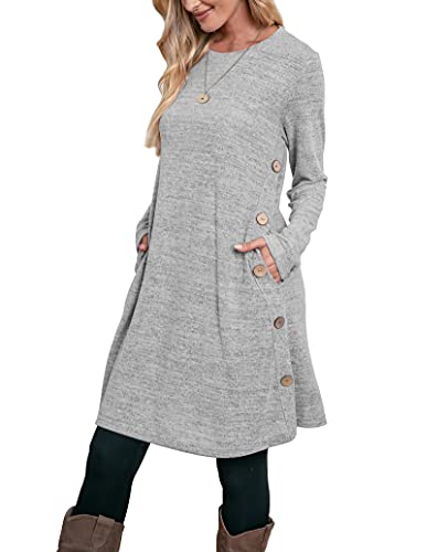 Aokosor Jumper Dress for Women Long Sleeve Dress Ladies Button Tunic Dress with Pockets - XL - Grey