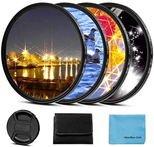 55mm Star Filter 4 Pieces Starburst Lens Filter(4 Points,6 Points,8 Points,12 Points) with Centre Pinch Lens Cap for Canon Nikon Sony Olympus Pentax and Other DSLR Cameras + 4 Slot Filter Pouch - 55mm