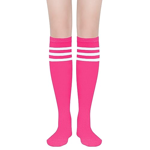 UTTPLL Knee High Athletic Socks Womens Stripe Tube Outdoor Sport Socks Running Baseball Stockings Girls Long Boot Tights - One Size - O Hot Pink White