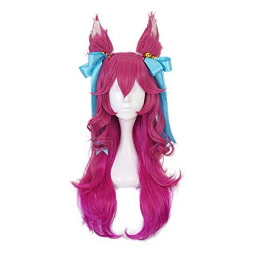 Spirit Blossom Ahri Cosplay Perücke mit Ohren und Haarschmuck lang gewellt rosa blau Ombre