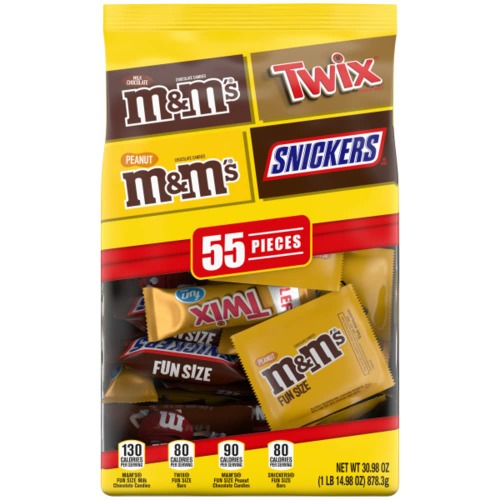 M&M'S Milk Chocolate, M&M'S Peanut, TWIX & SNICKERS Fun Size Milk Chocolate Halloween Candy Variety Pack, 30.98 oz, 55 ct Bulk Candy Bag - NEW PACK