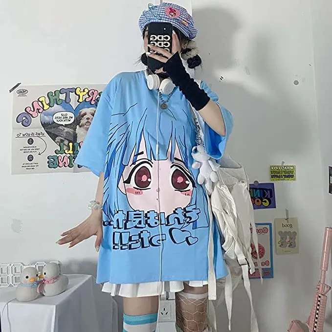 MANMU Linda camiseta de manga corta con estampado de anime para mujer, estilo coreano, holgada, estilo casual, Azul