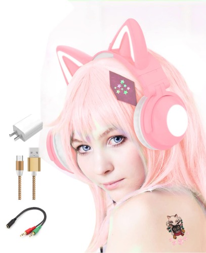 kuayang Wireless Cat Ear Headphones (7 Color Changing) with & 3.5mm Jack, Gaming Pro, Bluetooth&Wired Connection (Pink) - Pink