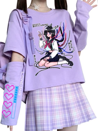 EMILYLE Women Girl Anime Casual Style Clothing Kwaii Cartoon T-shirt Harajuku Style Streetwear - Large Purple Ribbon Girl-1